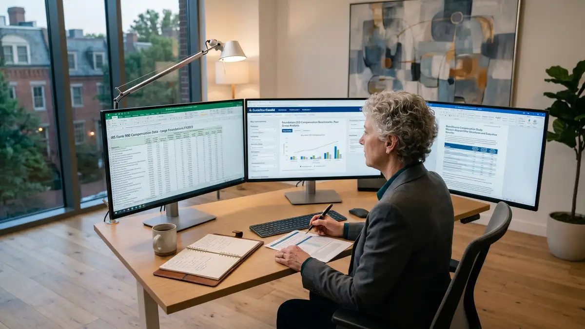 Senior non-profit compensation consultant analyzing IRS Form 990 disclosures and foundation CEO compensation benchmarks across three monitor displays