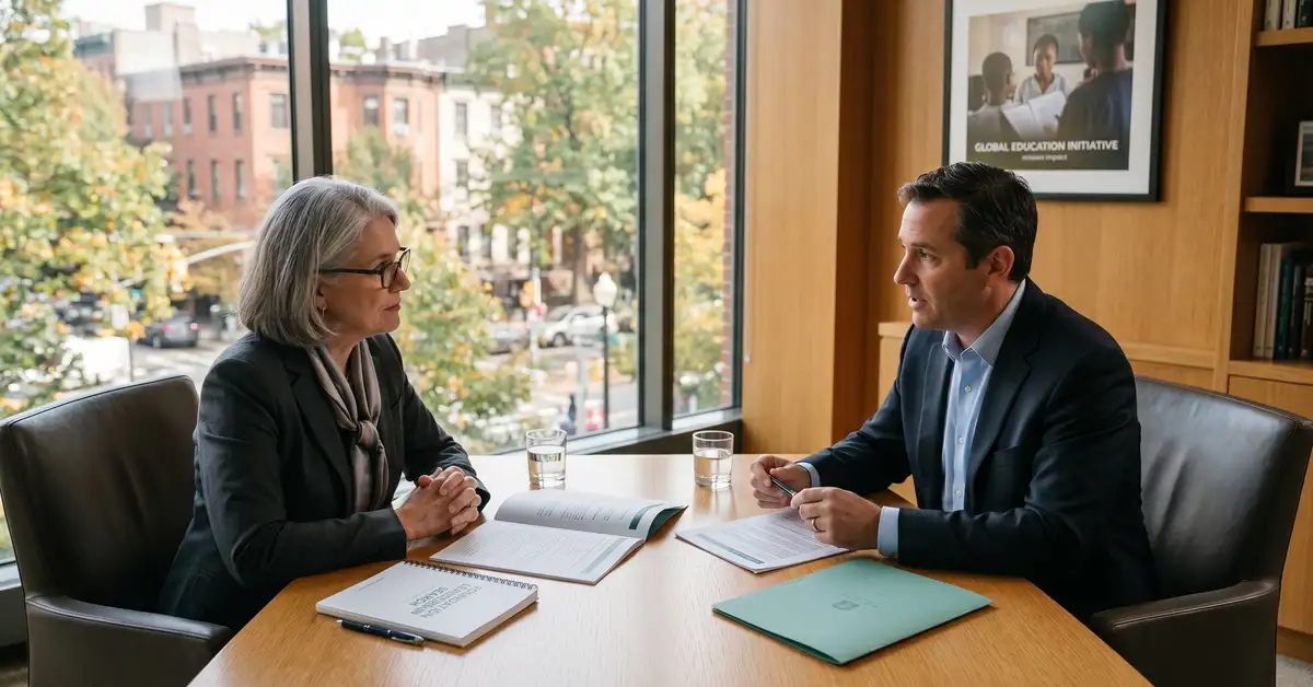 Senior non-profit executive search consultation in a warm contemporary foundation headquarters conference room reviewing candidate dossier and board materials