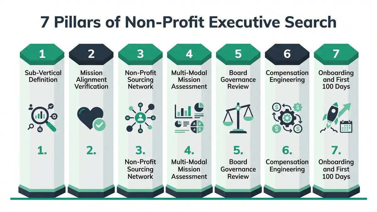 7 Pillars of Non-Profit Executive Search infographic showing sub-vertical definition, mission alignment verification, non-profit sourcing network, multi-modal mission assessment, board governance review, compensation engineering, and onboarding and first 100 days