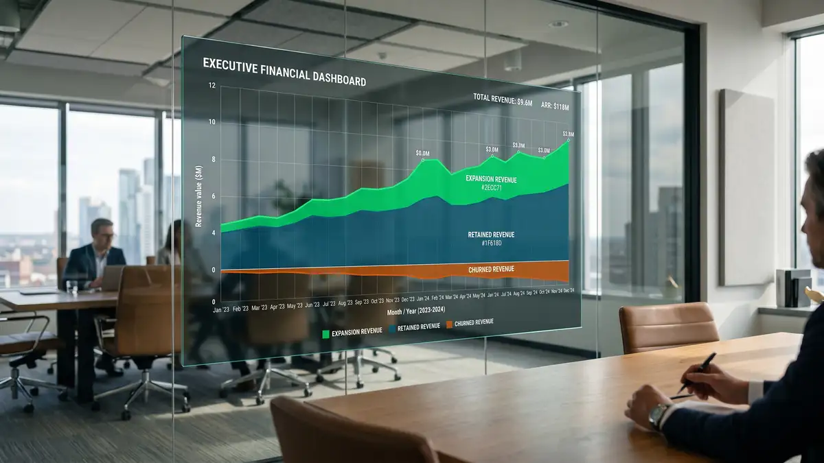 Mid-market B2B SaaS CEO reviewing net revenue retention dashboard showing 118% NRR trend line with expansion revenue breakdown across customer cohorts