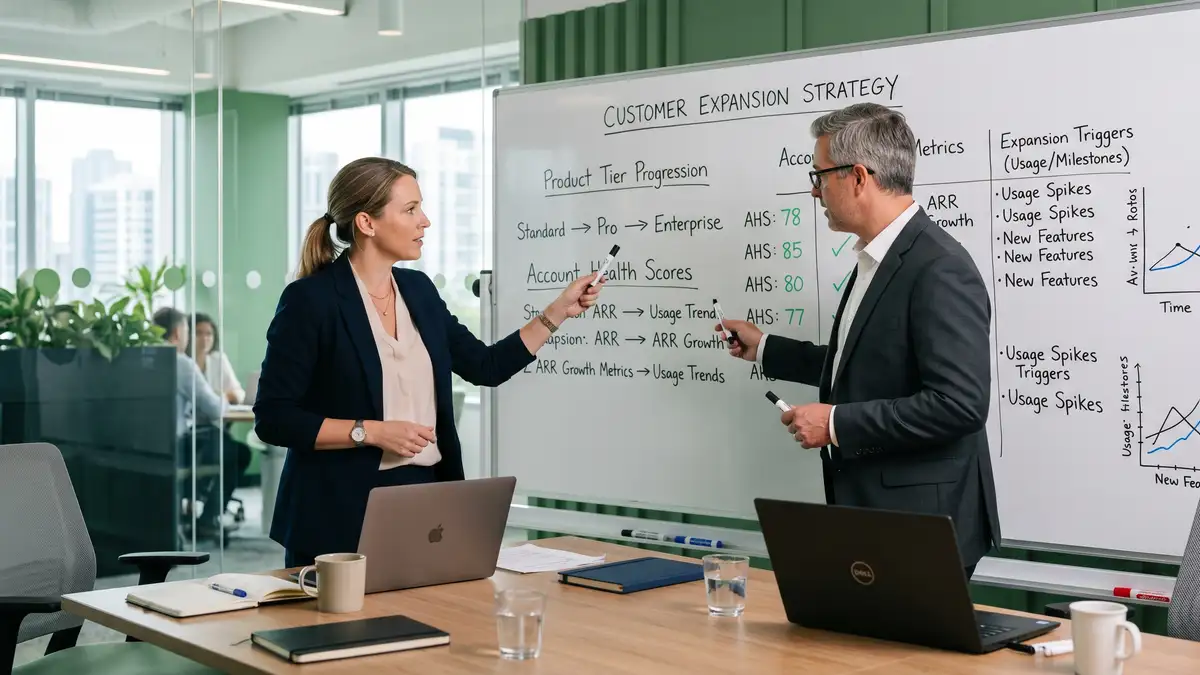 Board meeting presentation showing five-year net revenue retention compounding comparison across three SaaS growth scenarios with valuation implications