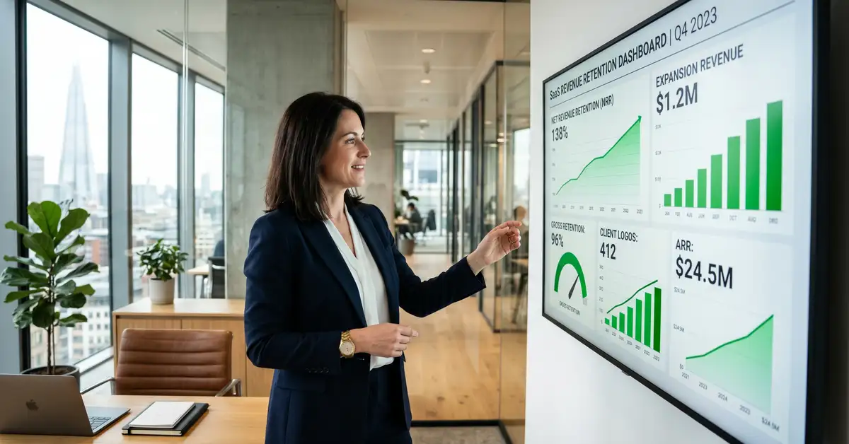 Mid-market B2B SaaS executive reviewing net revenue retention dashboard with cohort analysis and expansion revenue trends across customer segments