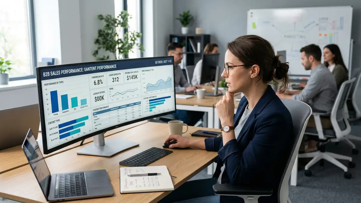Sales analyst reviewing objection content performance dashboard on an ultra-wide monitor