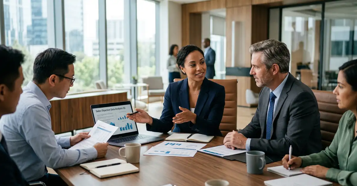 B2B sales team reviewing buyer objection data on laptop screens in a modern office — objection handling as content strategy
