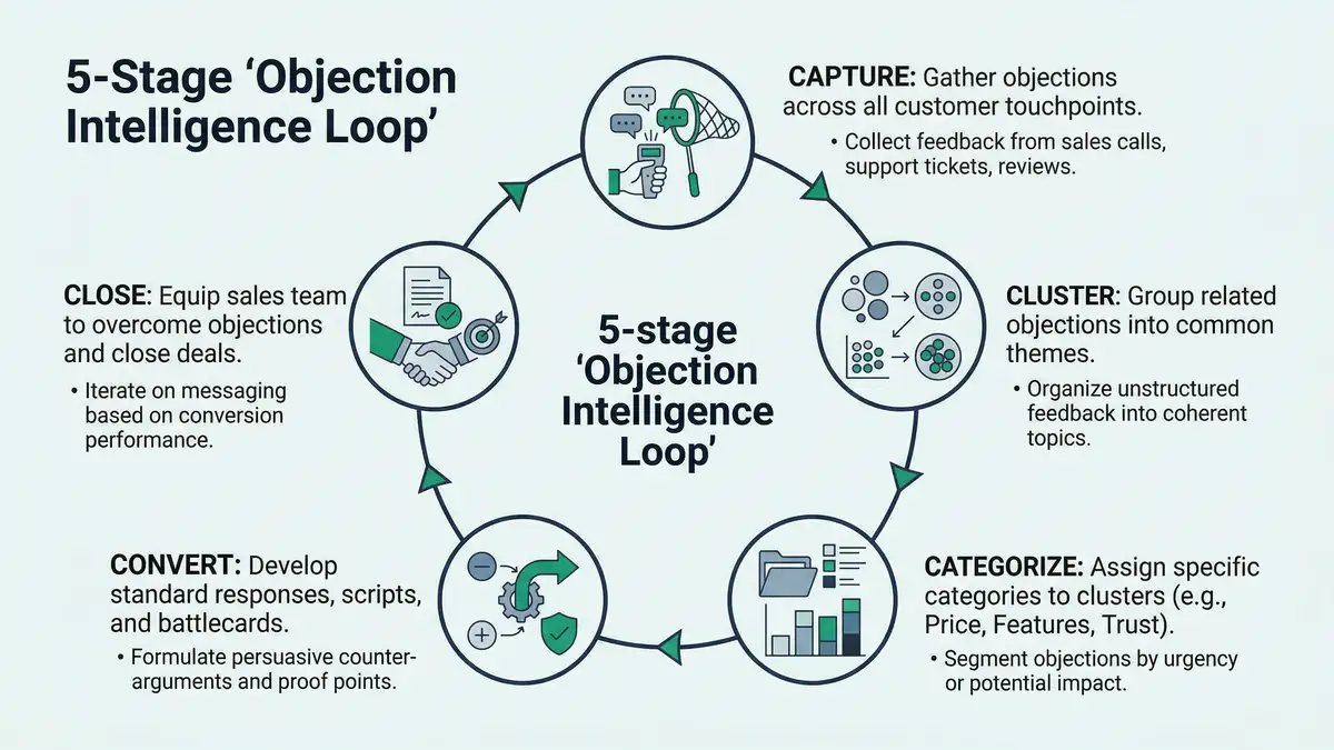 Infographic of the 5-stage Objection Intelligence Loop: Capture, Cluster, Categorize, Convert, Close