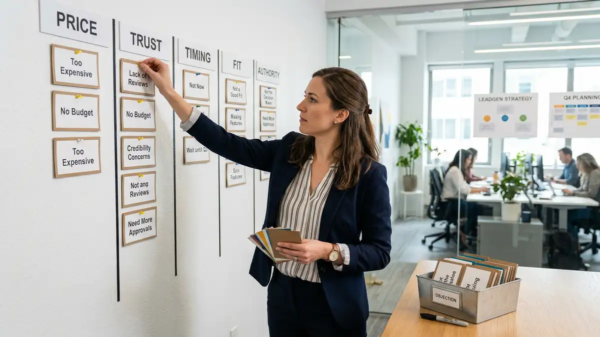 Marketing strategist organising objection cards into five categories on a wall
