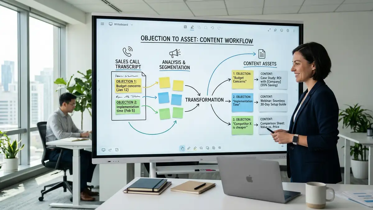 Workflow diagram showing how B2B buyer objections are captured from sales calls and transformed into reusable content assets