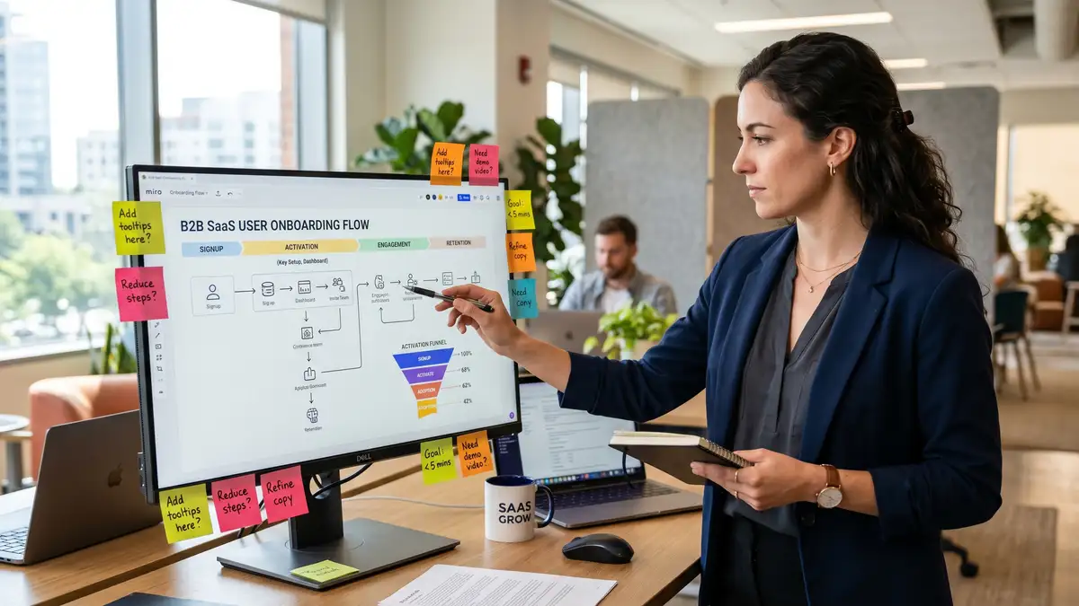 B2B SaaS product manager studying onboarding flow diagram on monitor