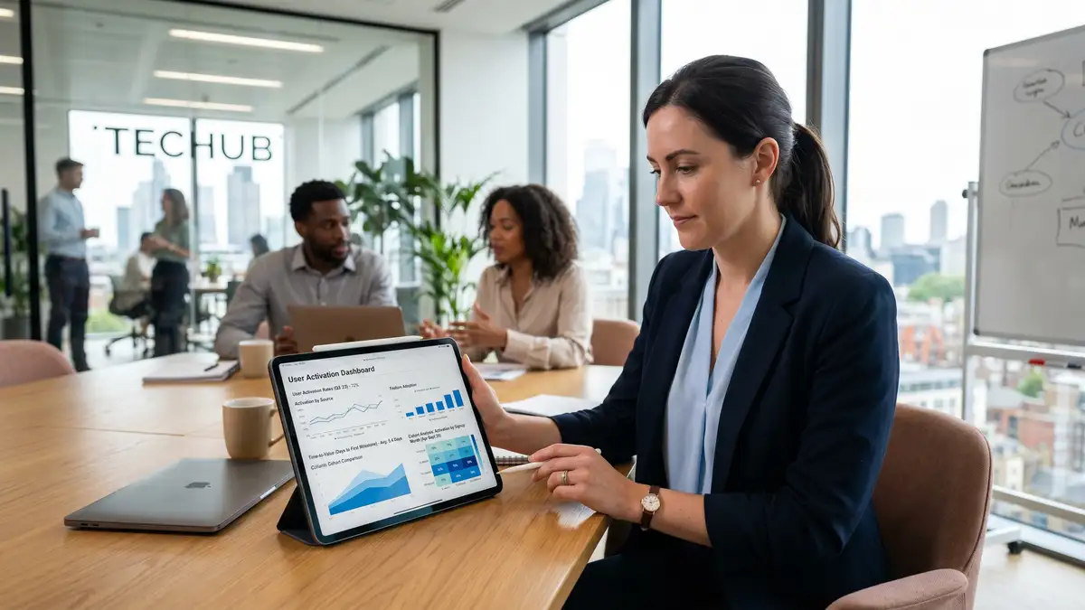 SaaS customer success leader on tablet reviewing user activation metrics