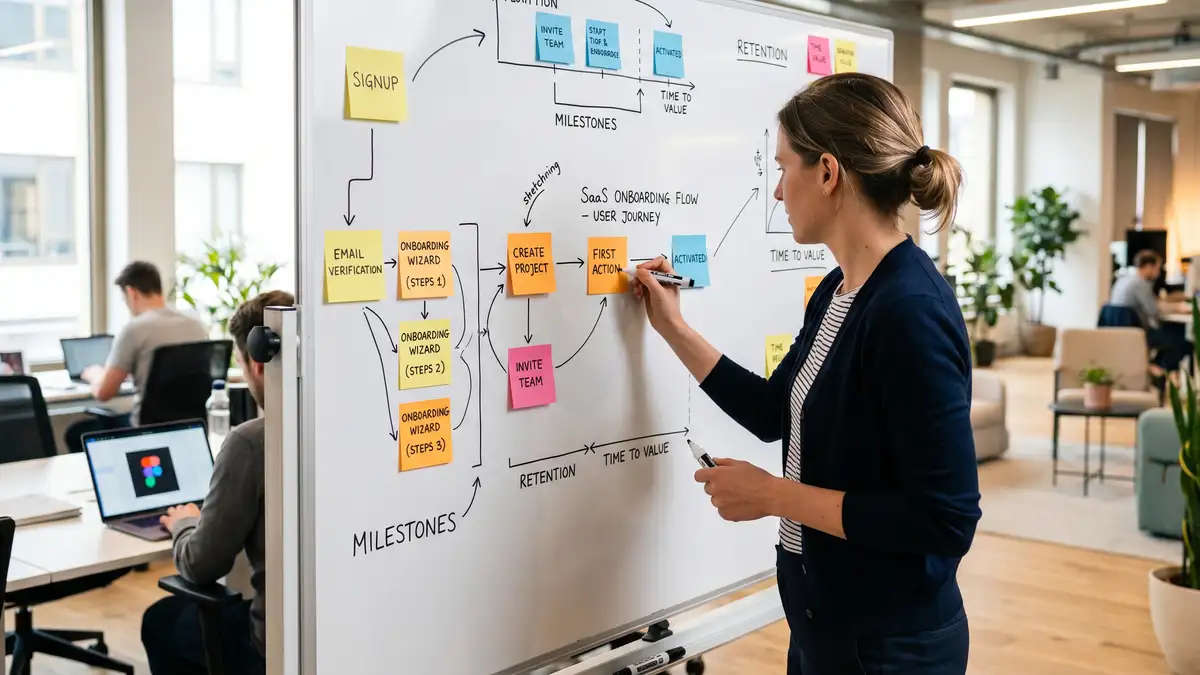 Product designer at whiteboard sketching SaaS onboarding flow with sticky notes
