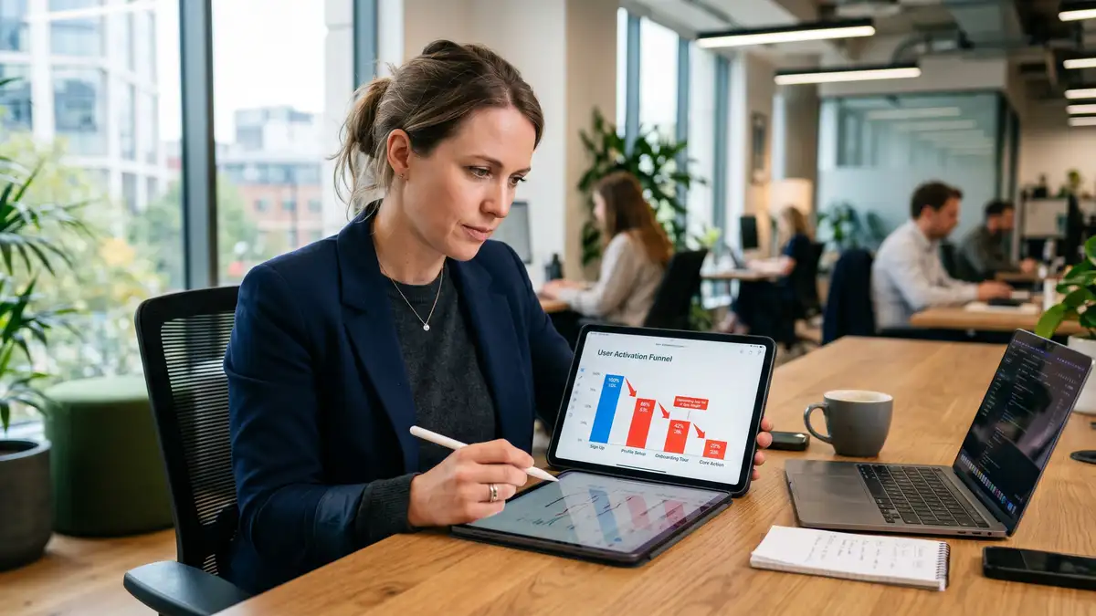 SaaS founder reviewing user activation funnel on tablet