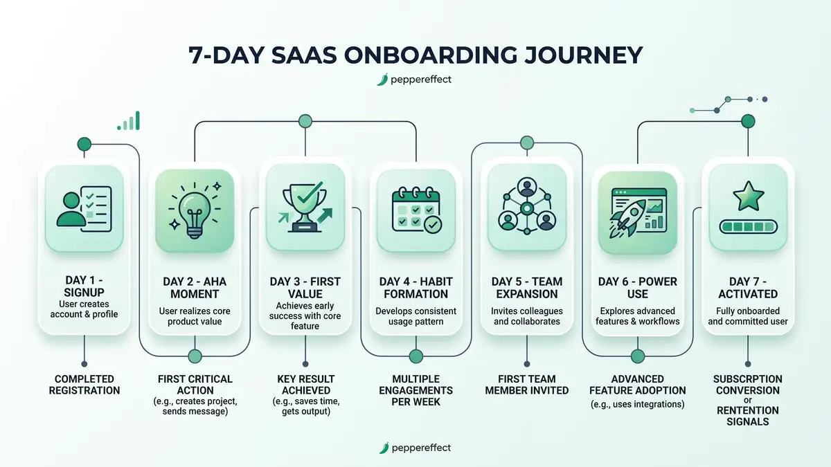 Seven-stage SaaS onboarding journey infographic from signup to activated