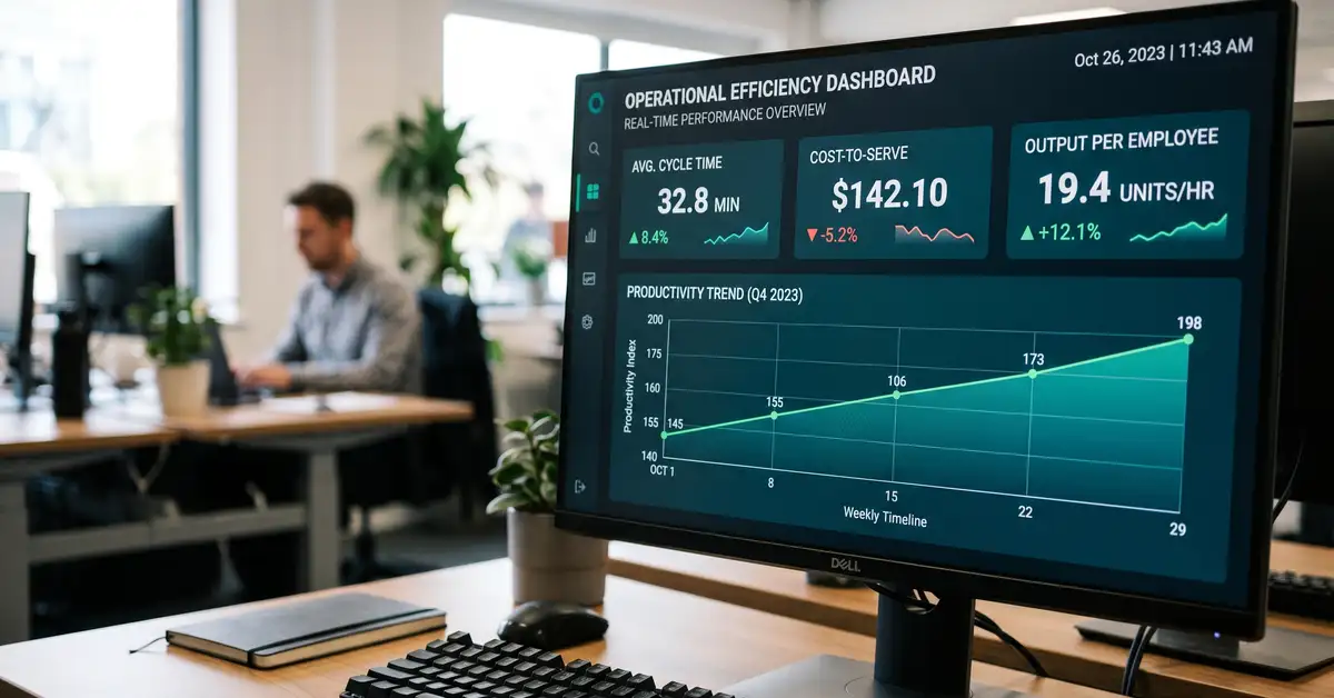 An operational efficiency dashboard with KPI tiles for cycle time, cost-to-serve, and output per employee, plus a rising productivity chart