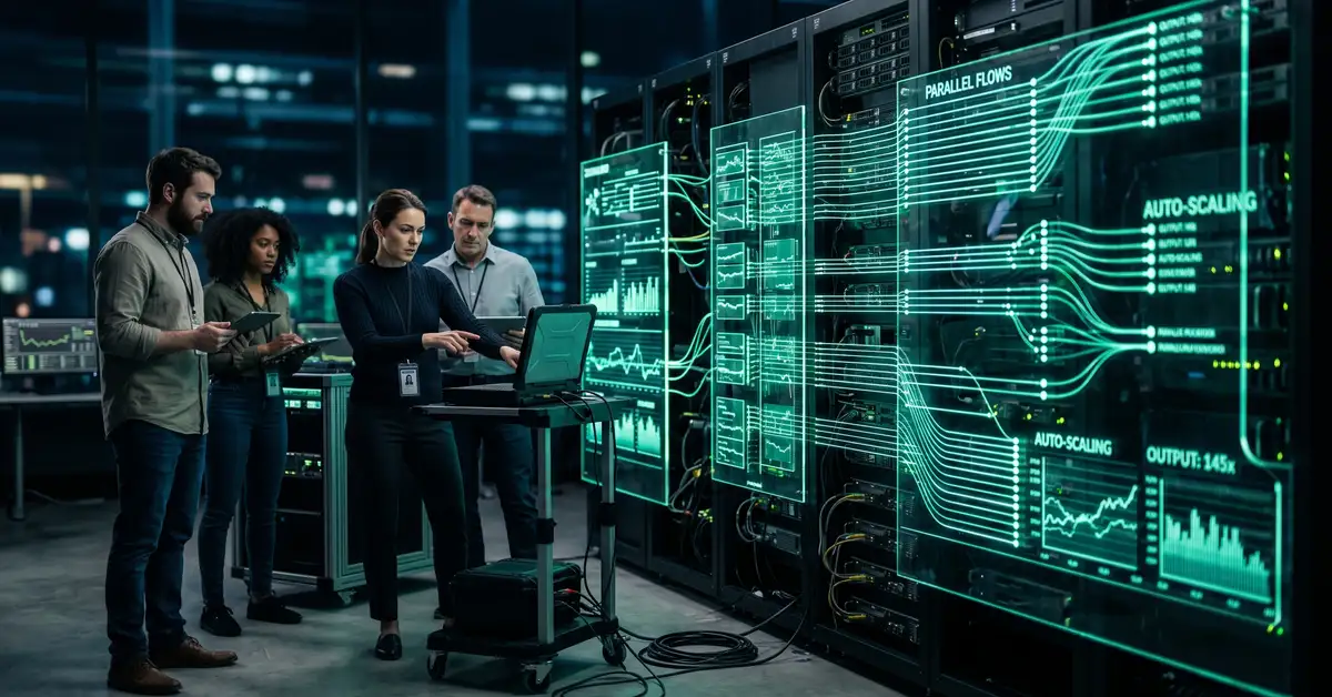 A small team beside a large glowing automated system handling many parallel workflows, representing output growing while the team stays small
