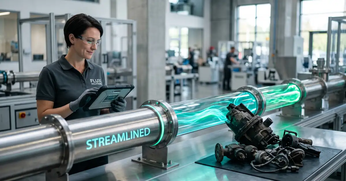 A streamlined glowing pipeline with a removed obstruction, representing eliminating waste and bottlenecks