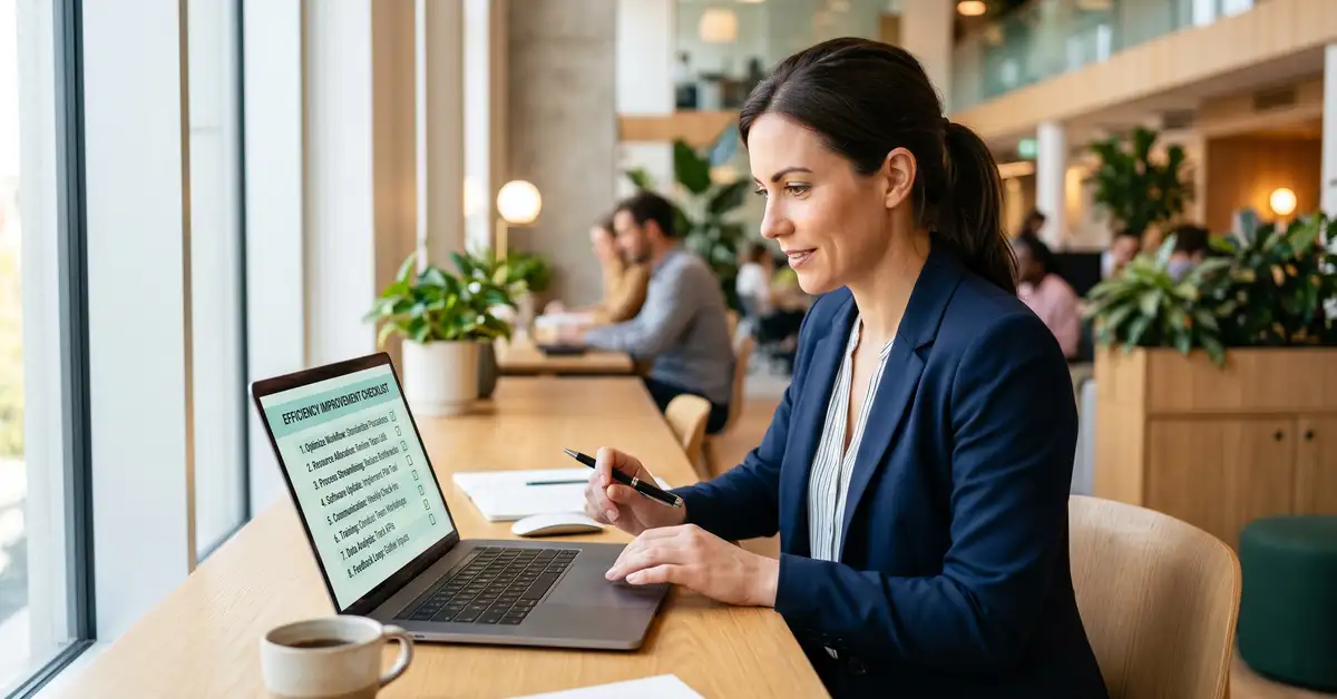 A professional reviewing a simple efficiency improvement checklist on a laptop in a modern office
