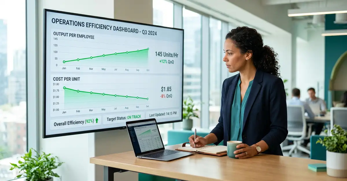 An operations leader reviewing an efficiency dashboard showing output-per-employee and cost trend charts moving in the right direction