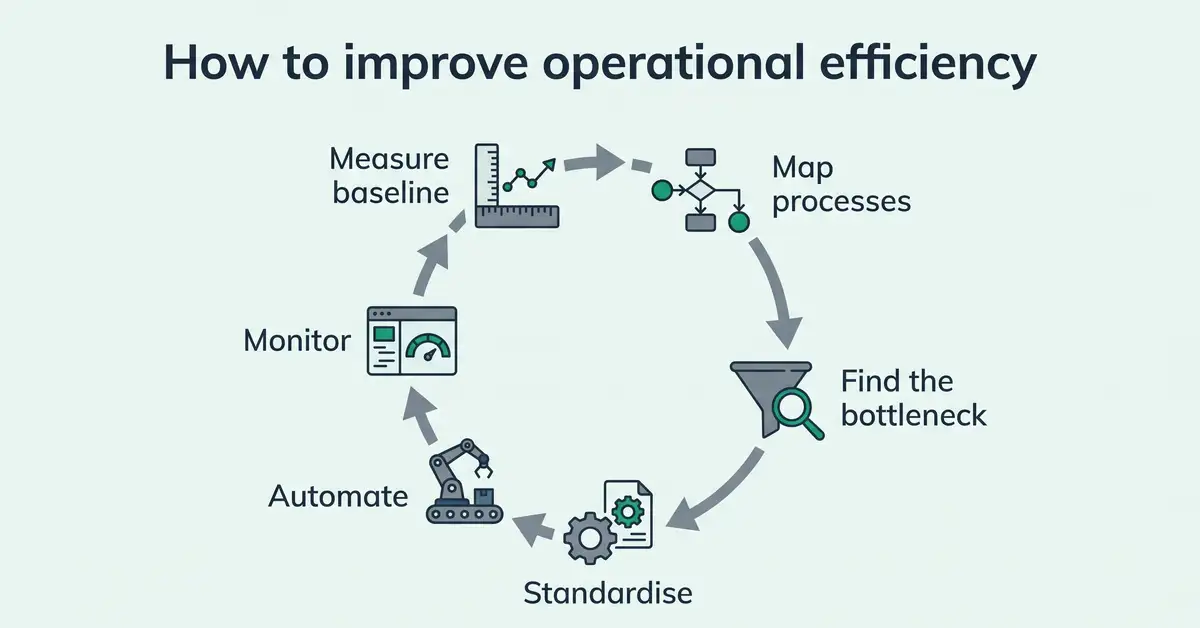 Infographic of a six-step operational efficiency loop: measure baseline, map processes, find the bottleneck, standardise, automate, monitor