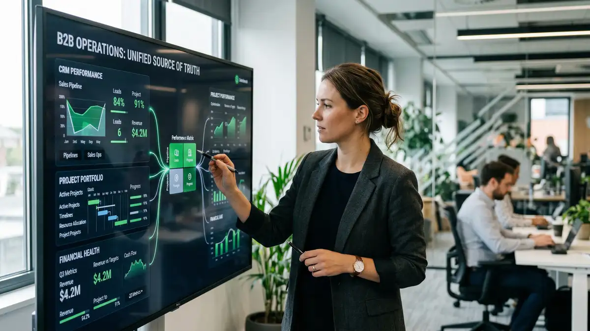 Business analyst reviewing unified operational dashboard showing interconnected CRM and project management data streams for operational transparency