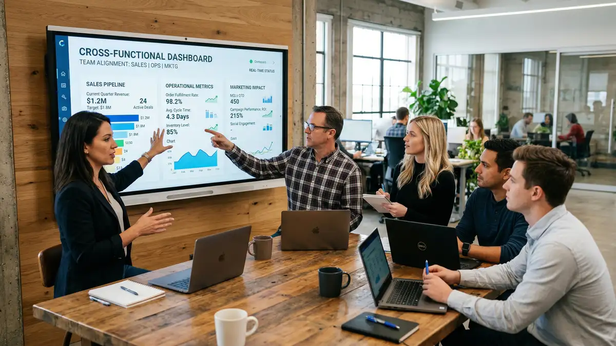 Cross-functional B2B team collaborating around shared digital workspace showing unified operational metrics and project data