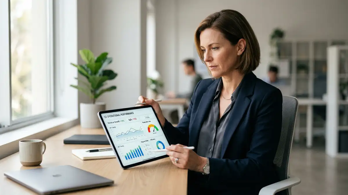 Female executive reviewing operational performance data on tablet representing data-driven B2B decision making