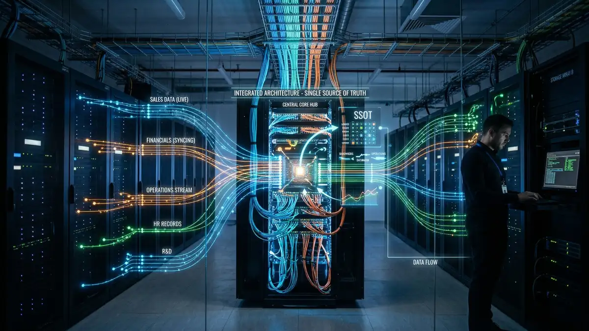 Modern data center with connected systems representing unified data architecture for B2B operational transparency