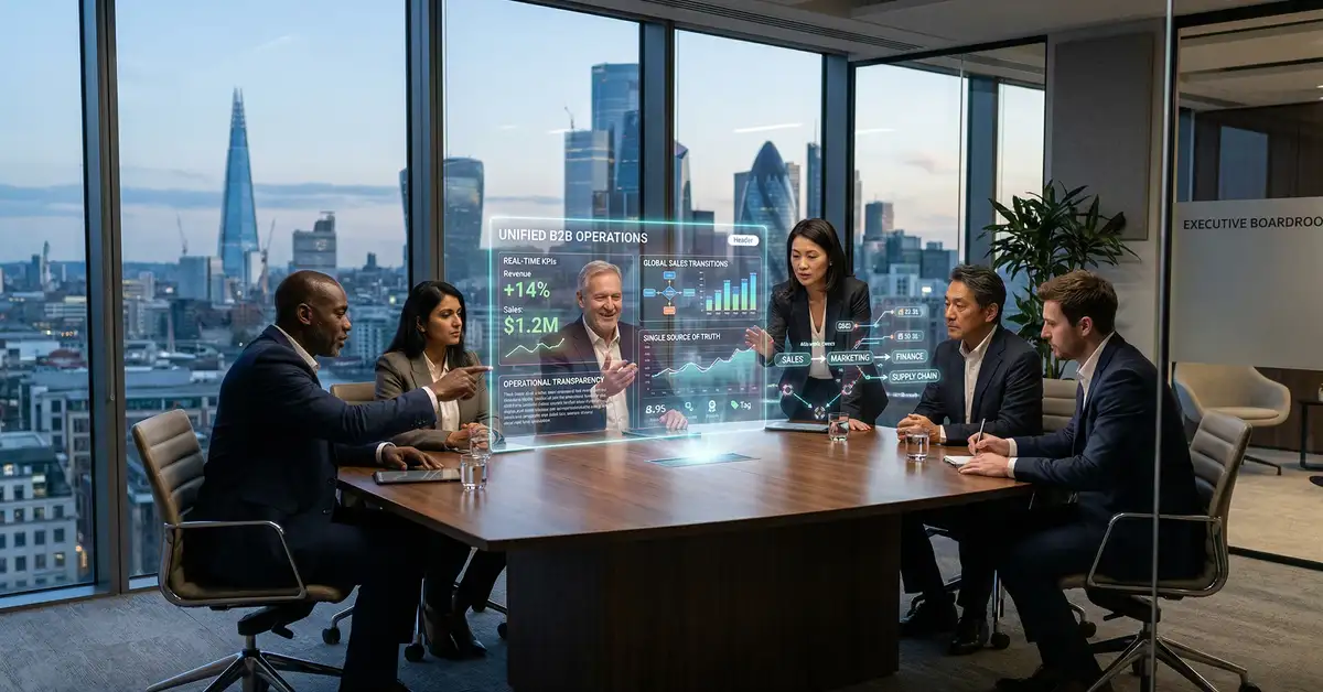 Executive leadership team reviewing unified data dashboard displaying operational transparency metrics in modern boardroom