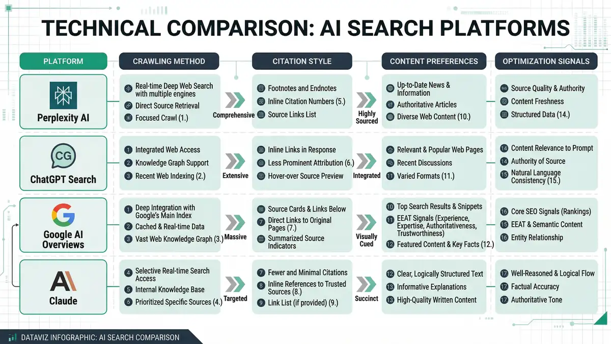 Infographic showing the complete AI search optimization process from keyword research through monitoring and updates