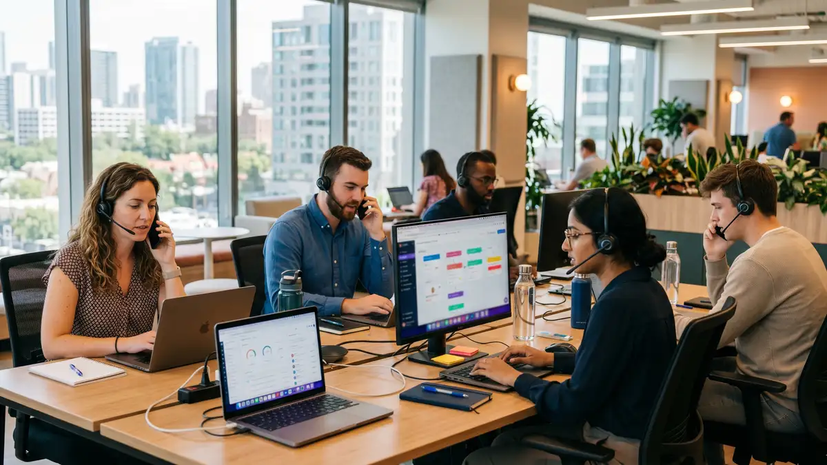 SDR pod of four reps at modern open-plan workstation each running outbound sequences with multi-channel workflow visible on monitors