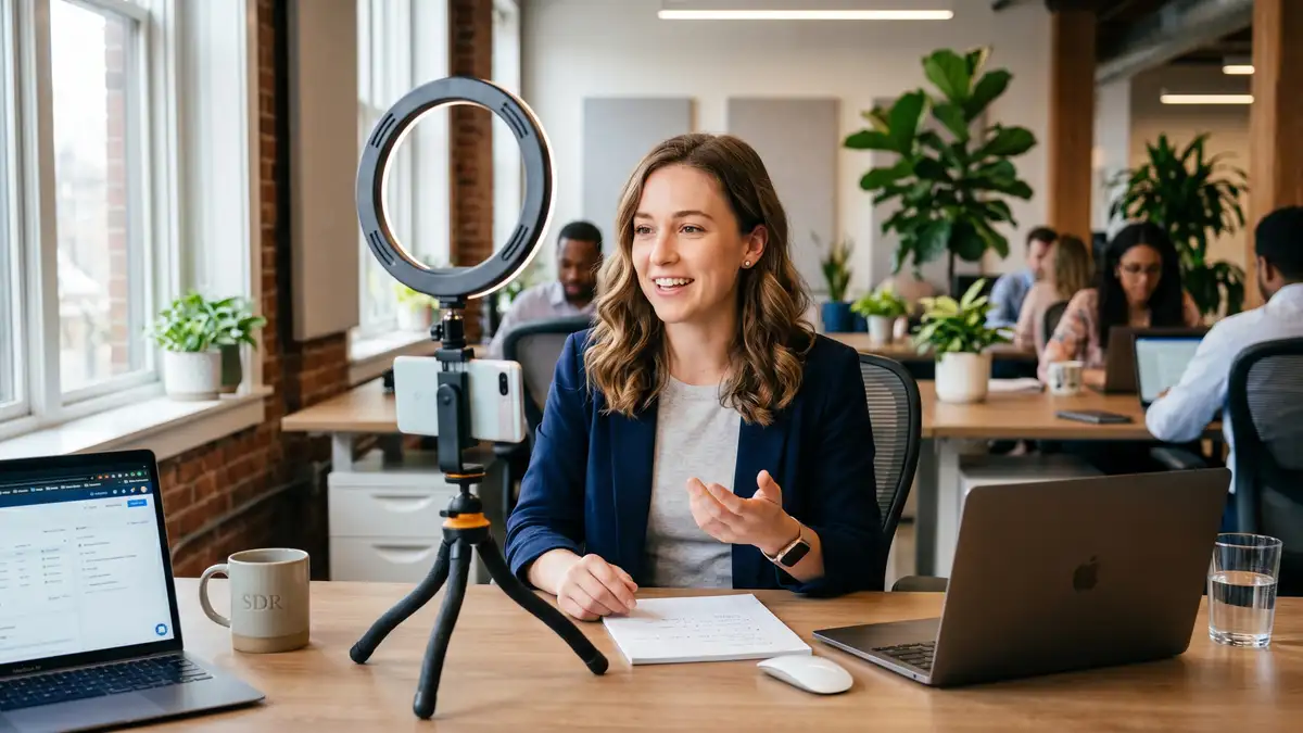 SDR recording a personalised video prospecting message at a desk with phone tripod and ring light in modern office