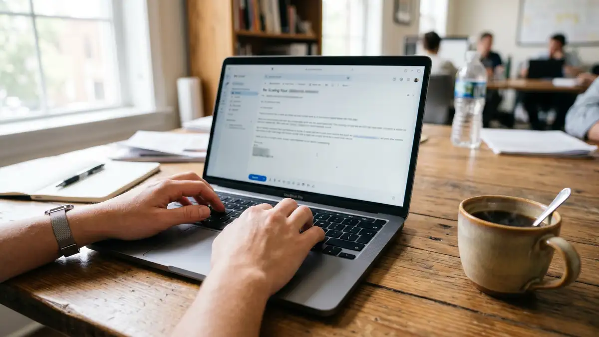 SDR's hands typing a personalised cold email on a laptop with coffee mug nearby on a wooden desk during outbound sequence execution