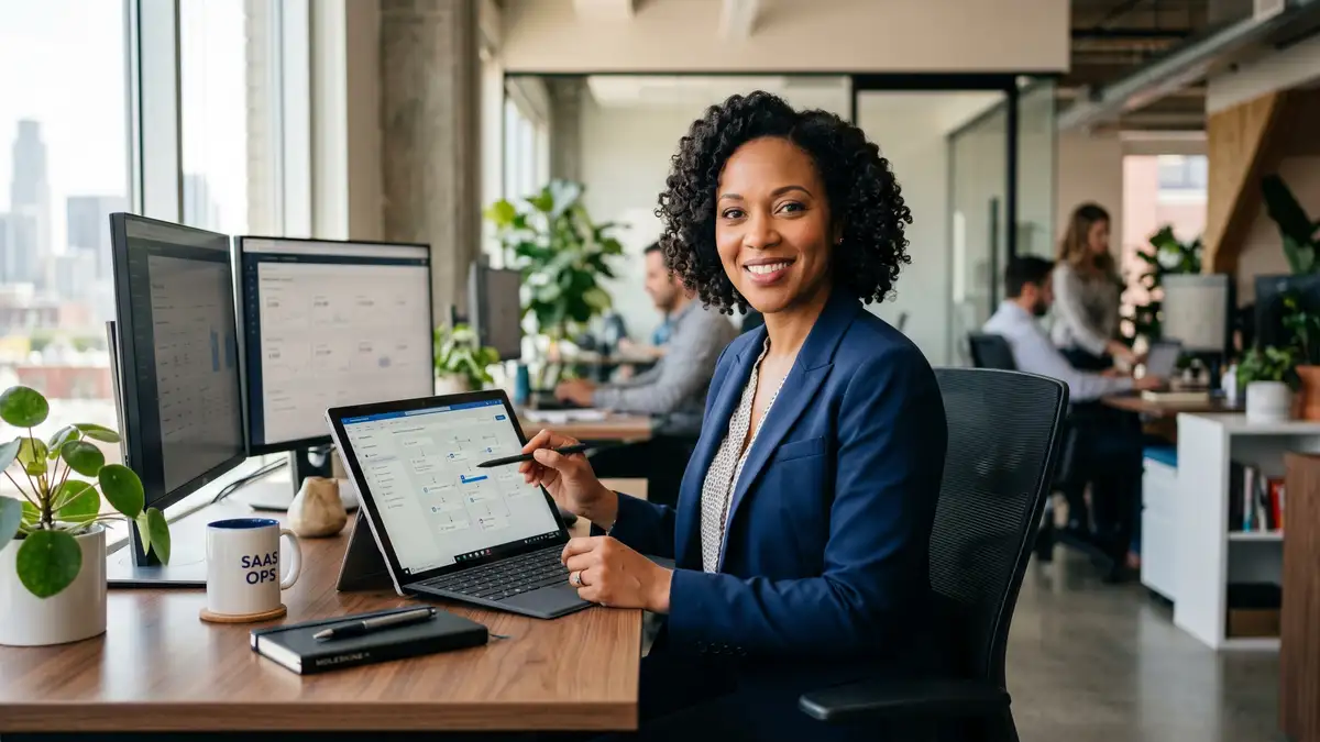 Confident B2B SaaS sales operations leader at modern desk reviewing outbound sequence builder on tablet