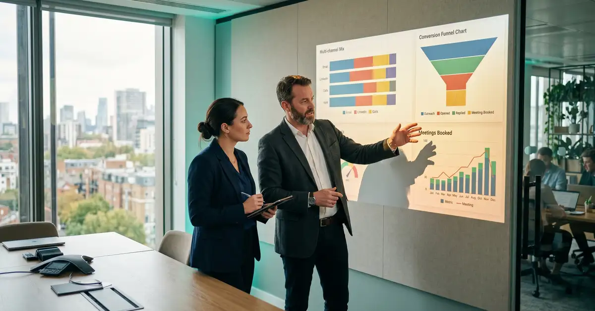 B2B SaaS CRO and SDR leader reviewing an outbound sequence performance dashboard projected on a wall display in a modern boardroom showing channel-mix visualisation and meeting-booked metrics