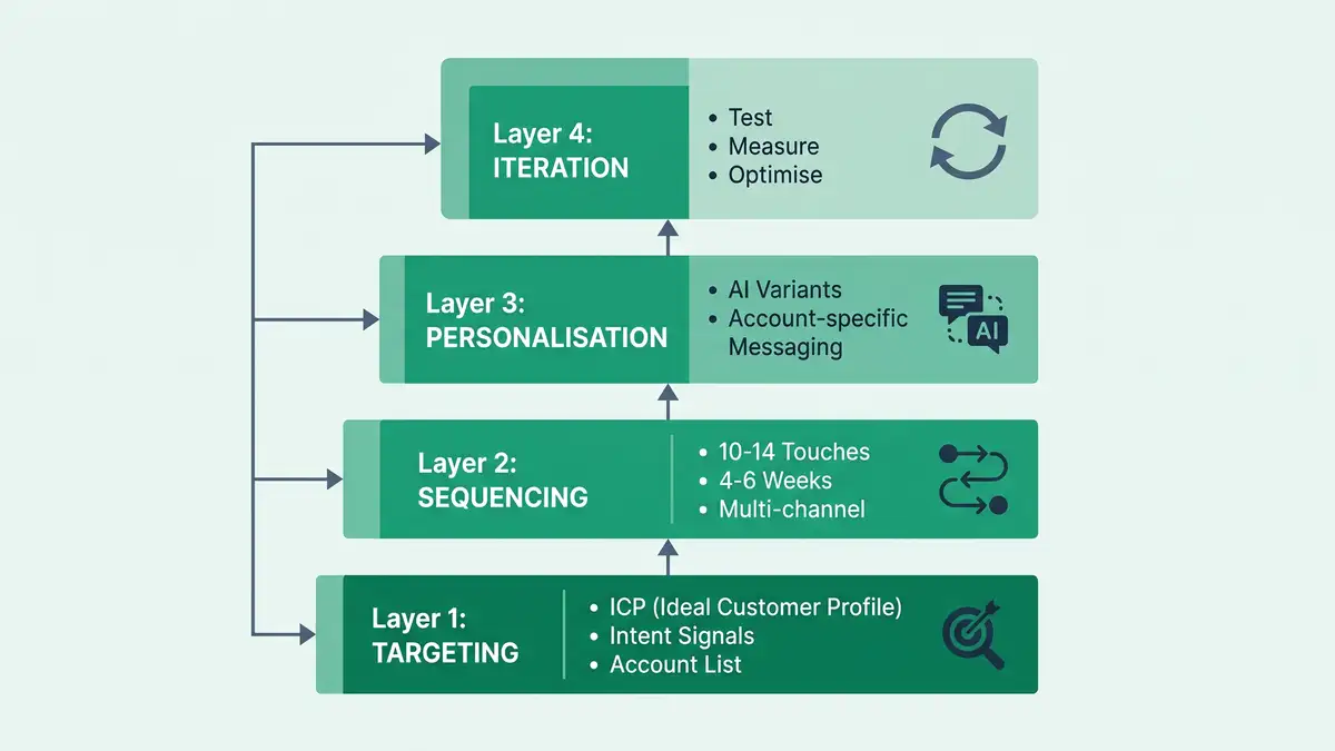 Infographic of the four-layer B2B outbound sales architecture stacked vertically: Targeting (ICP, intent signals, account list) at bottom, Sequencing (10-14 touches, 4-6 weeks, multi-channel), Personalisation (AI variants), Iteration (test, measure, optimise) at top