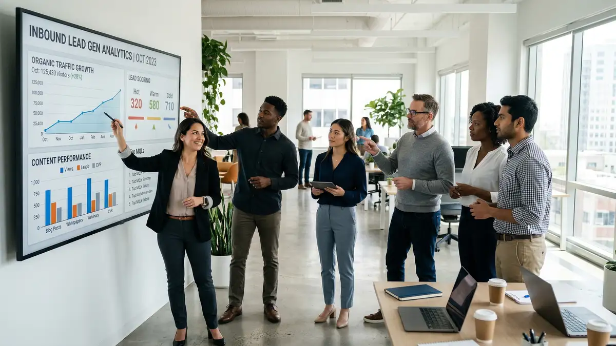 Marketing team analyzing inbound lead generation performance metrics and content marketing dashboard for B2B pipeline optimization