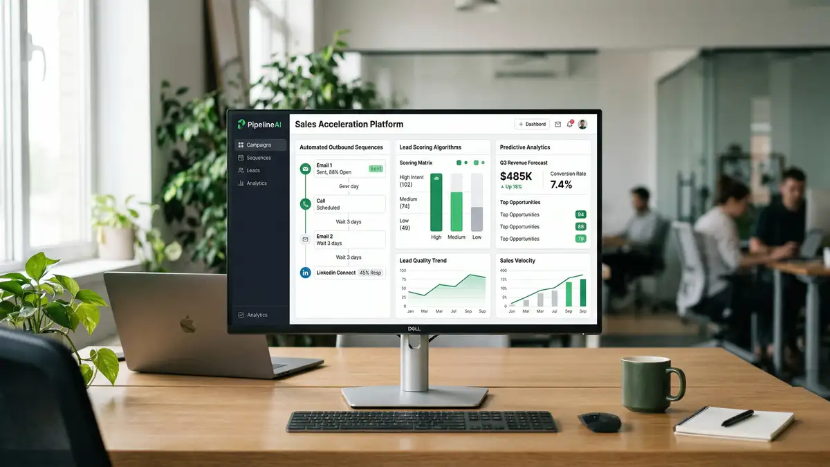 AI-powered sales automation platform showing automated outbound sequences and predictive lead scoring dashboard