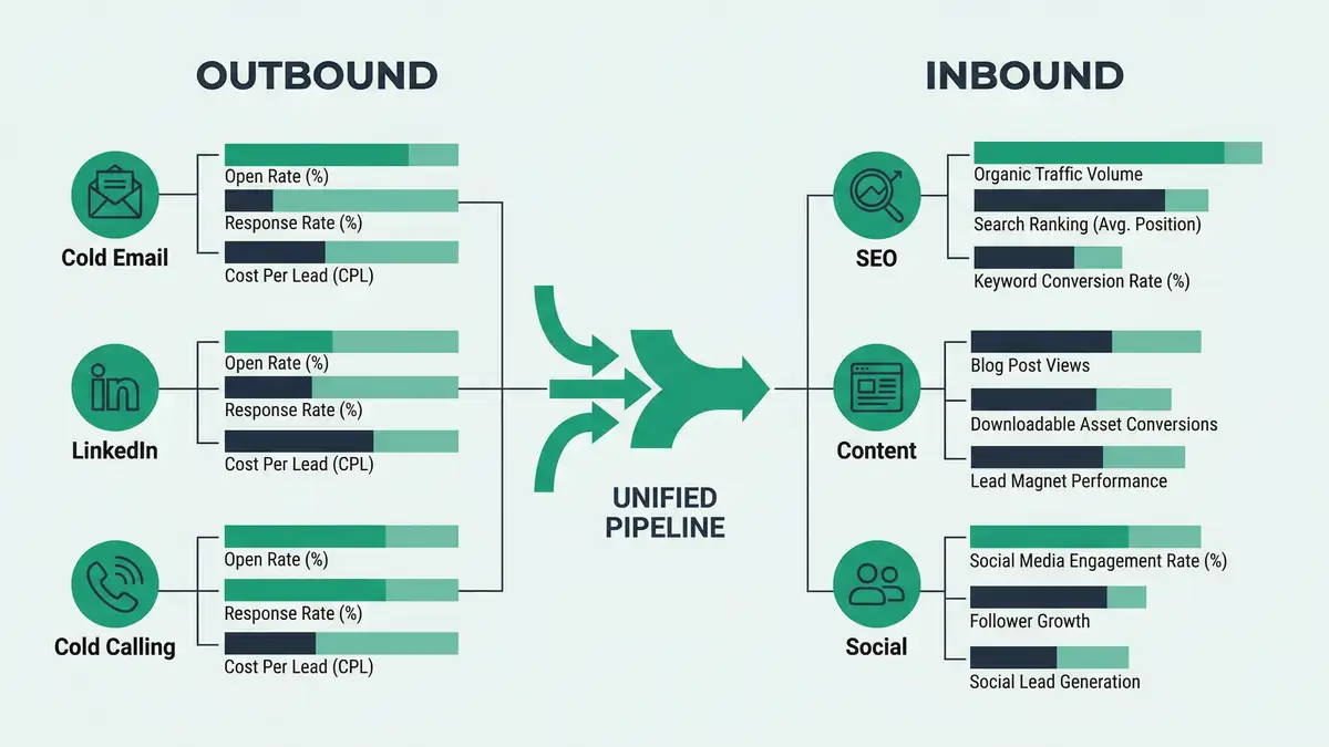 Infographic comparing outbound versus inbound lead generation metrics with convergence into unified B2B pipeline architecture