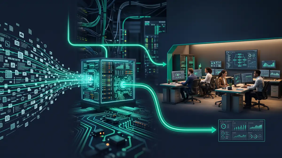 Hybrid operating model where routine high-volume tasks flow into an automated engine while complex exception cases are routed to a small skilled outsourced human team