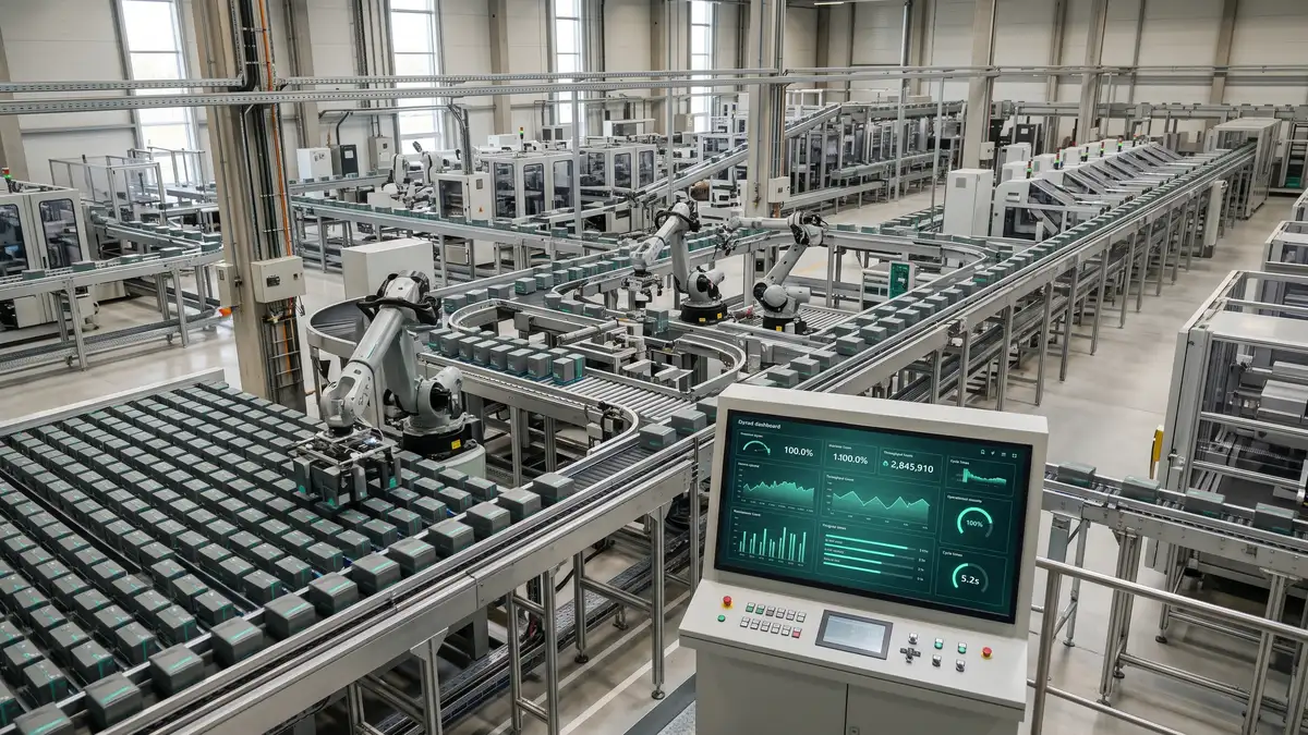 An automated system running a high-volume repetitive process continuously and reliably with no human operators, conveying consistency and scale at near-zero marginal cost