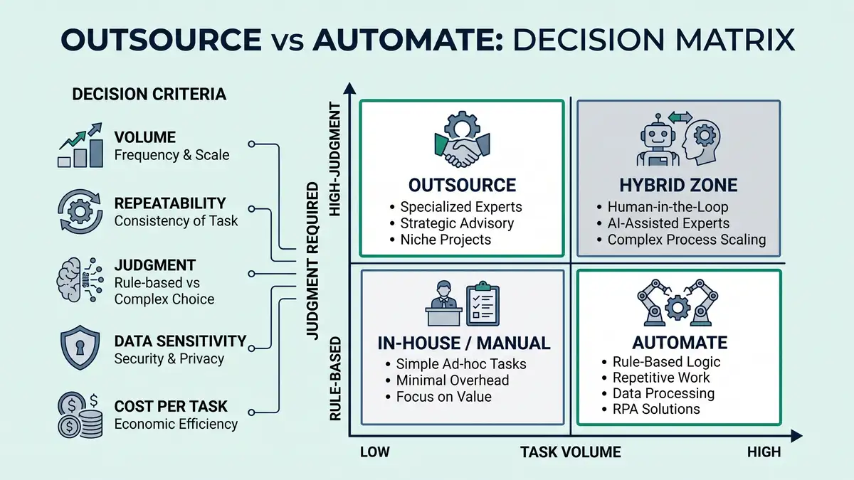 Outsource versus automate decision matrix infographic mapping task volume against judgment required, with quadrants for automate, outsource, hybrid, and in-house