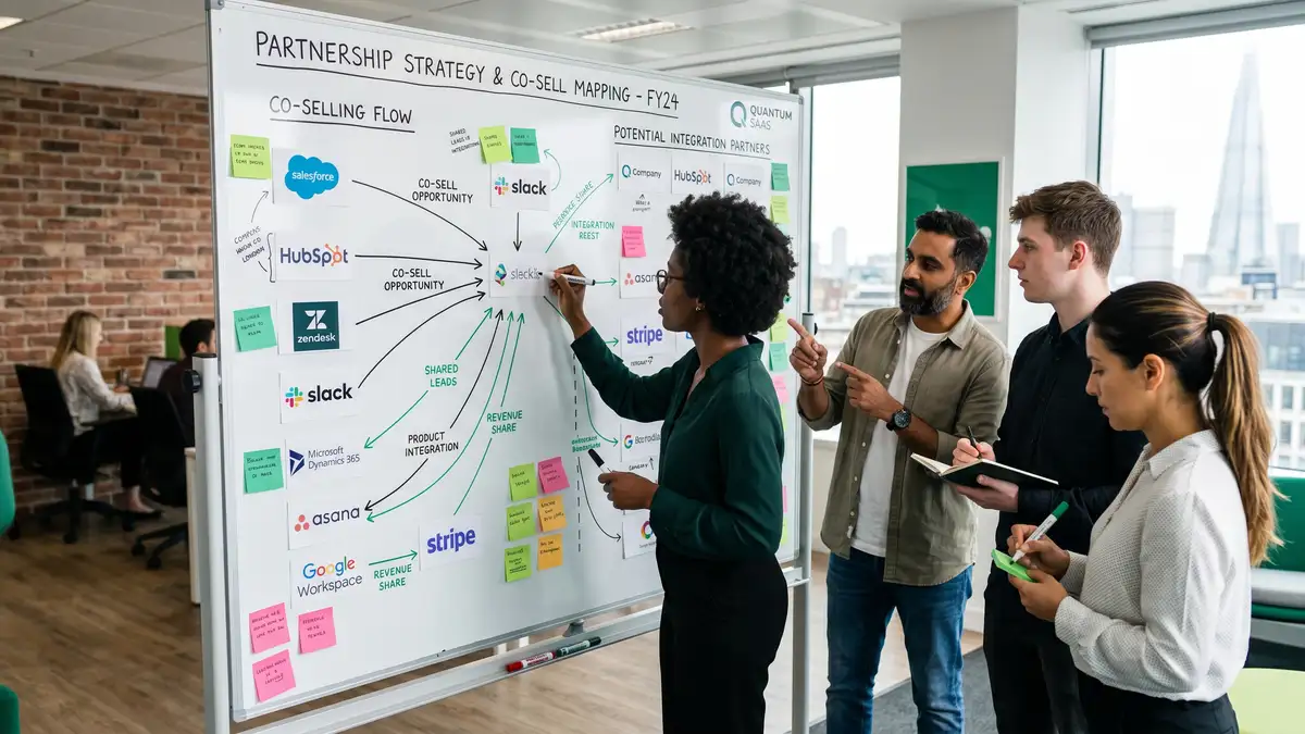 SaaS partnership team mapping integration partners on a whiteboard with co-selling flow arrows
