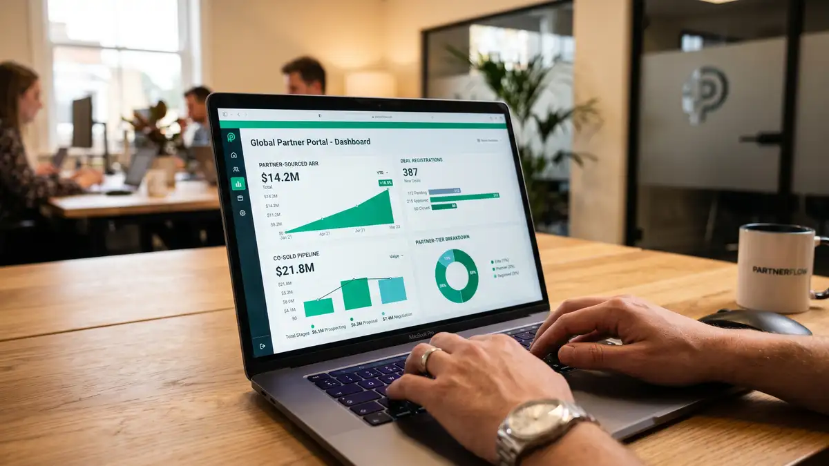 Close-up of laptop showing partner-portal dashboard with partner-sourced ARR and deal-registration metrics