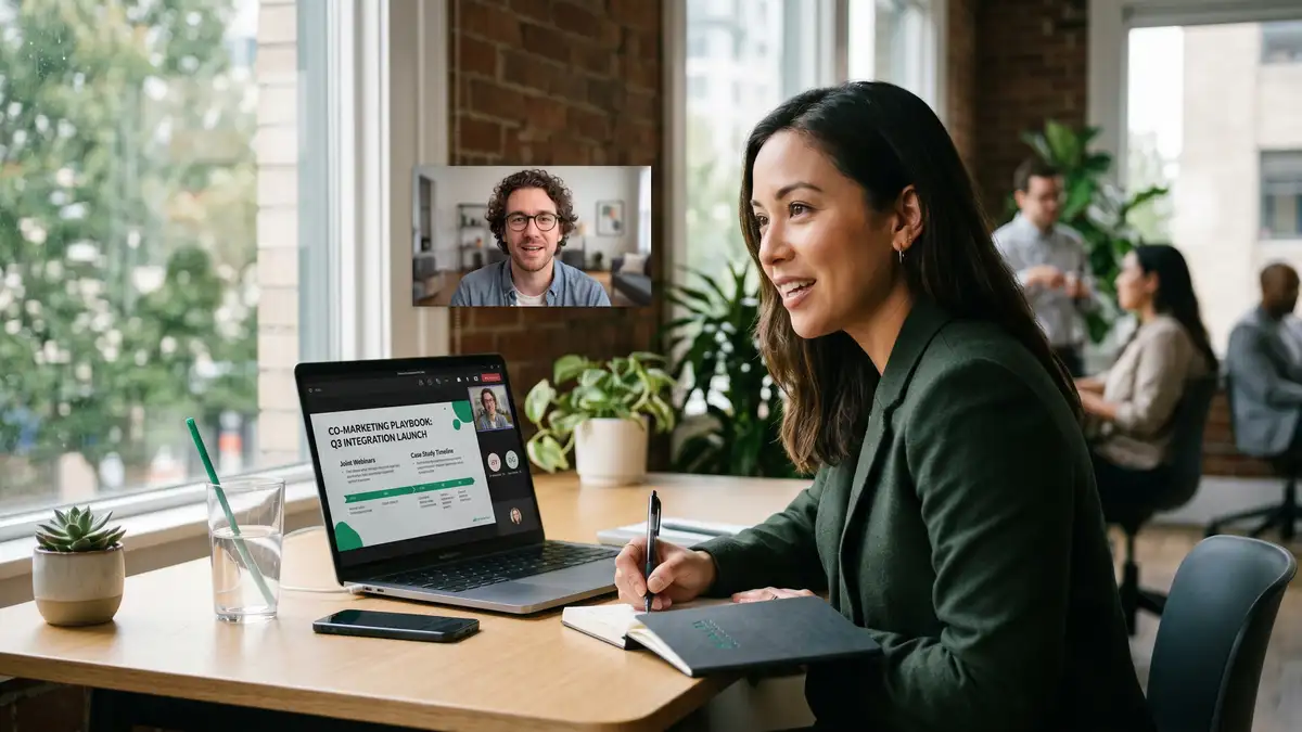 SaaS partnership manager on video call with potential integration partner reviewing co-marketing playbook