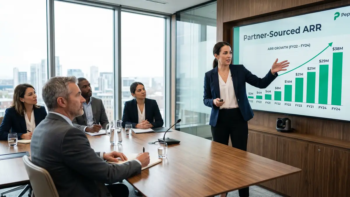 SaaS executive presenting partner program economics slide to leadership team