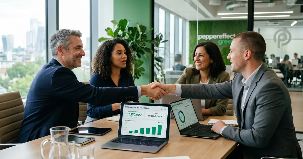 SaaS founders and partner managers shaking hands across conference table with partner ARR dashboards, peppereffect green accents