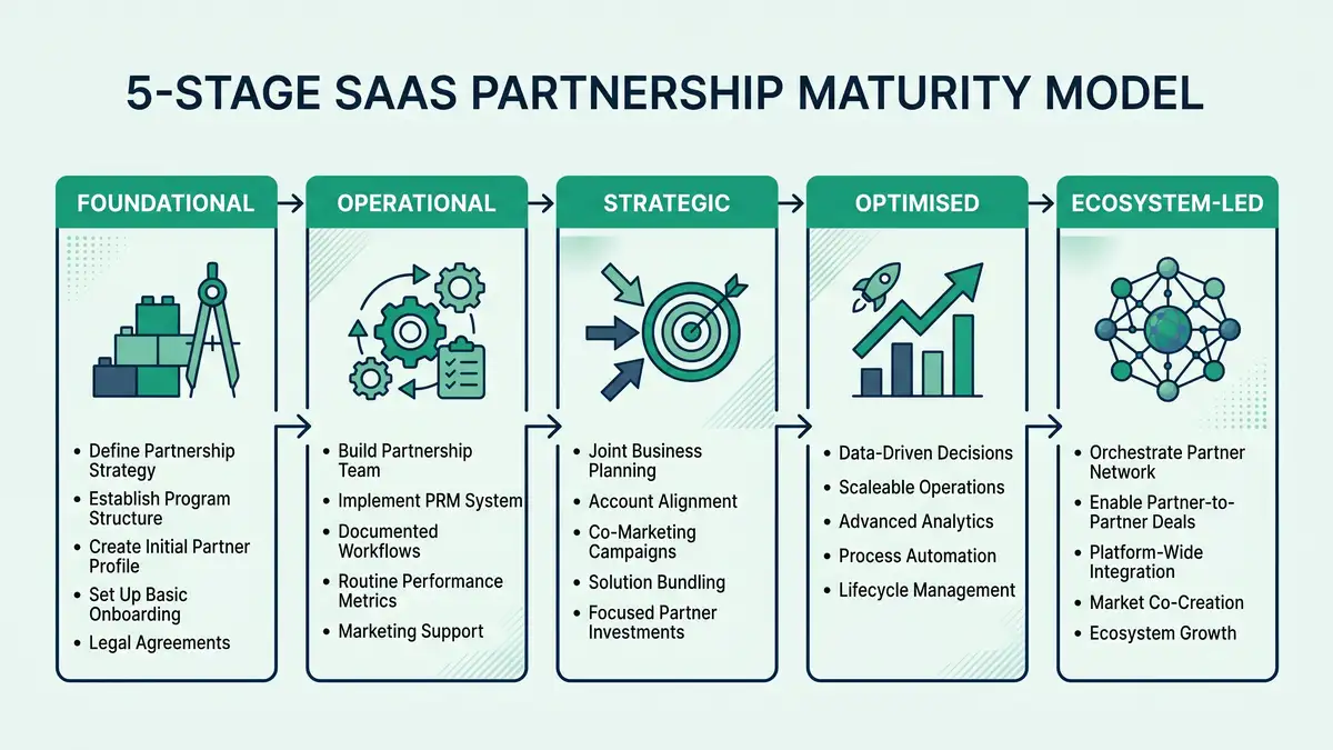 5-stage SaaS partnership maturity infographic from Foundational to Ecosystem-led