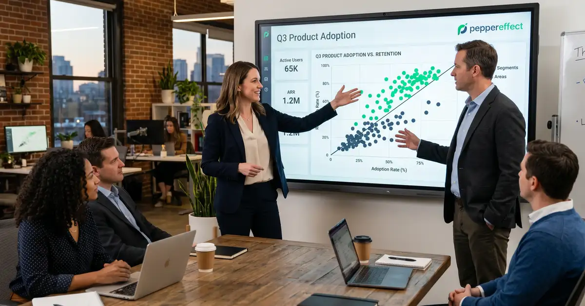 A SaaS executive team reviewing a large interactive dashboard showing a scatter plot of dots with a diagonal Rule of 40 threshold line, dots above glowing green and dots below muted slate, during a strategy review