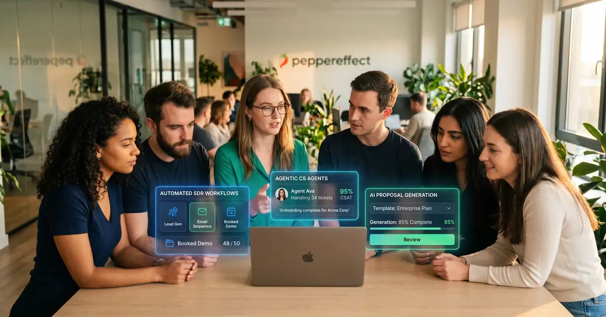 A small AI-native SaaS team of 6 people clustered around a single laptop with floating UI elements showing automated SDR workflows, agentic customer success agents, and AI proposal generation tools — capacity expansion through AI rather than headcount