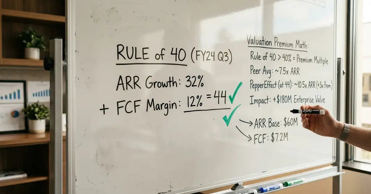 A SaaS CFO whiteboard showing the Rule of 40 calculation worked out as ARR Growth 32% plus FCF Margin 12% equals 44 with a green checkmark and adjacent valuation premium math