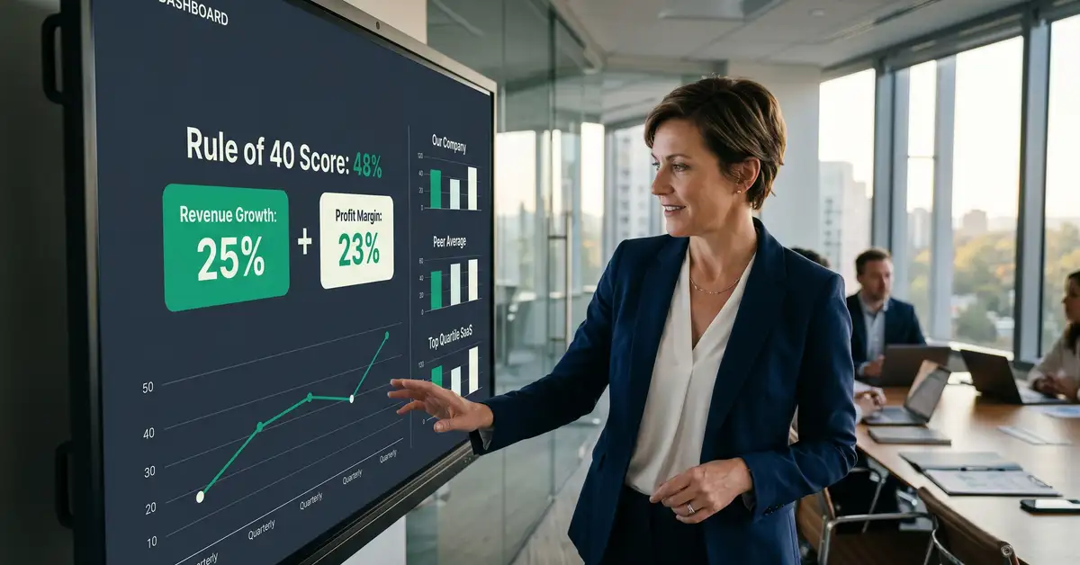 Confident mid-market B2B SaaS CEO in a sleek modern boardroom studying a wall-mounted Rule of 40 dashboard at golden hour, peppereffect brand colors